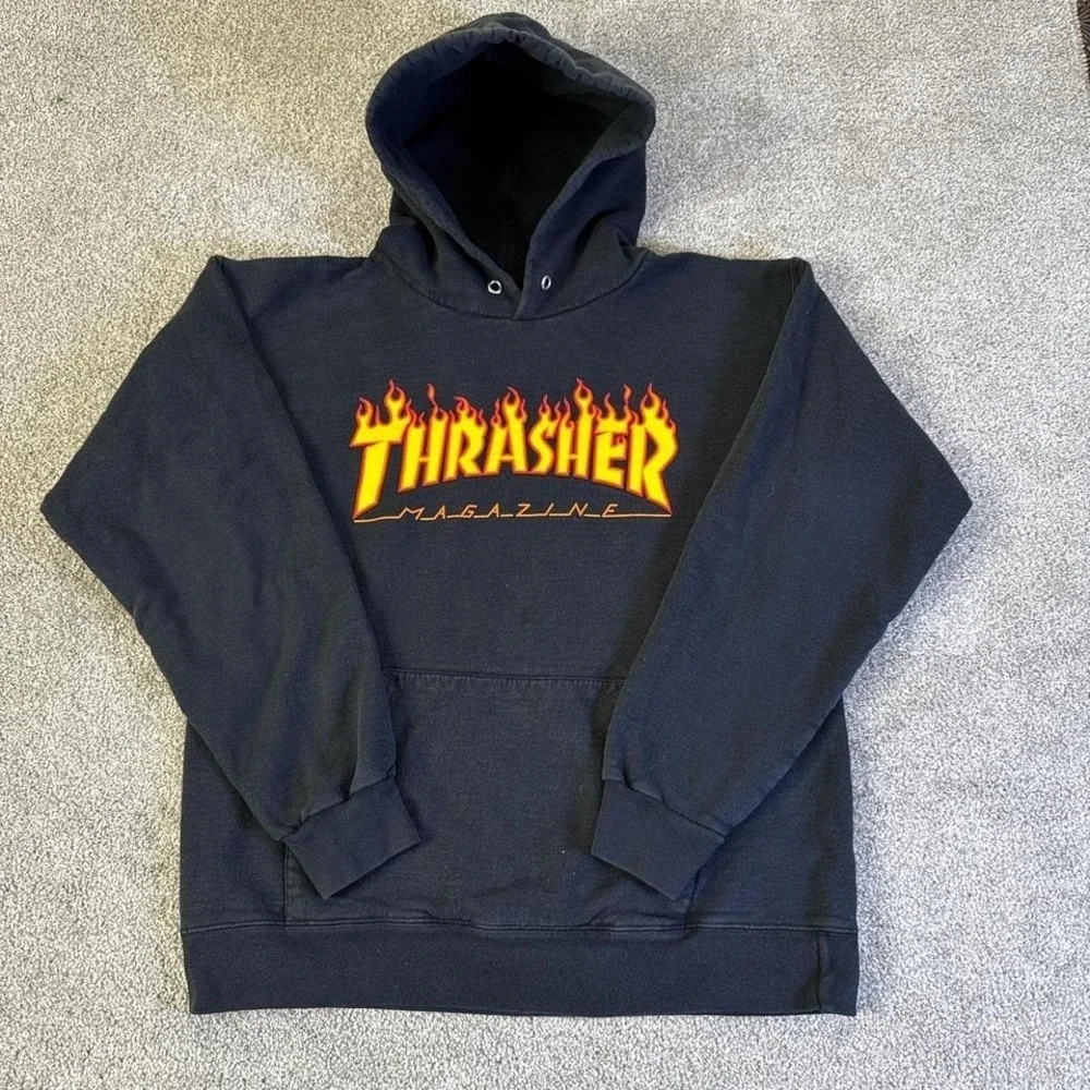 Thrasher Flame Hoodie Small Black Skate Pullover Sweatshirt